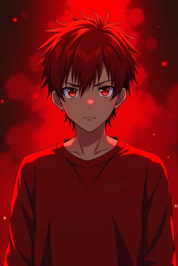 A guy with strong red hair with red eyes and dark red eye pupils and with a red sweatshirt and he is serious in a red place and he is serious anime version