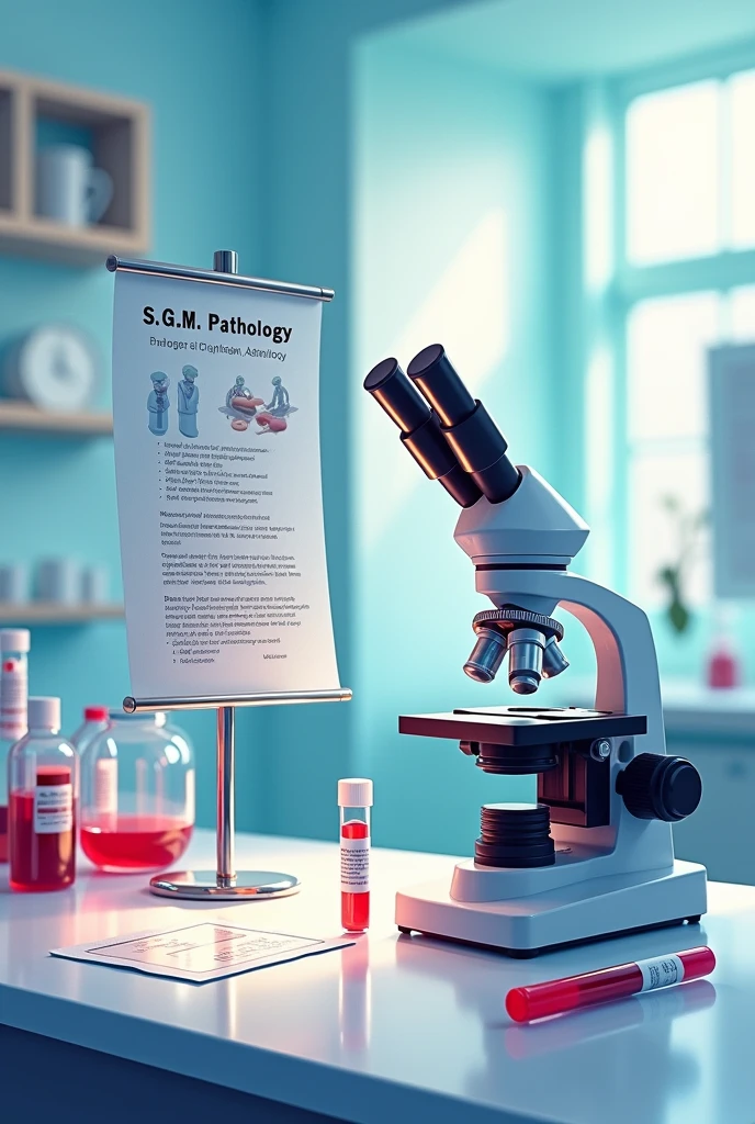 Microscope, enjection, blood test tube  , one poster write S.G.M. pathology 
Near dr bangali ji pesara kerakat Jaunpur 
Accurate caring instant 
Home collection faculty available 