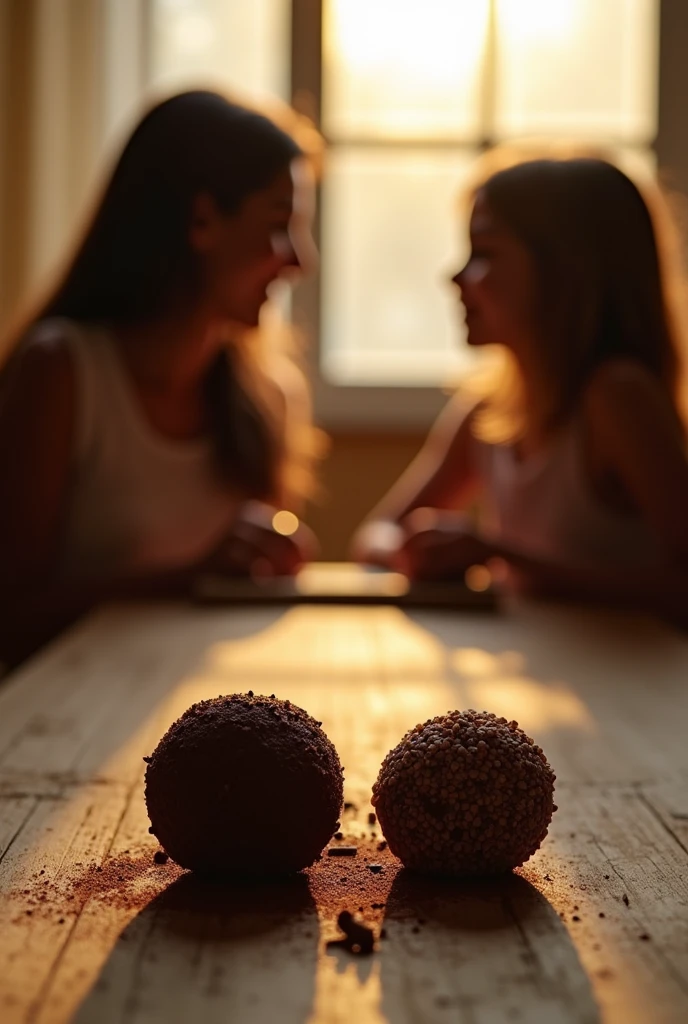 A gourmet and inviting brigadeiro setting with a close-up of two chocolate brigadeiros placed on a rustic wooden table. No fundo, softly focused silhouettes of children looking at the warm brigadeiros, creating a sense of connection and community. Soft sunlight coming through a window, casting a warm glow, symbolizing the warmth of open and honest communication." This image conveys a sense of camaraderie and the importance of meaningful dialogue., perfect for a video about divine communication skills. INFO