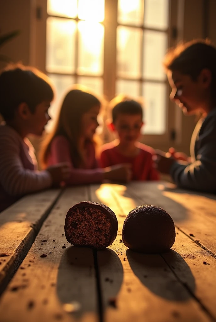 A gourmet and inviting brigadeiro setting with a close-up of two chocolate brigadeiros placed on a rustic wooden table. No fundo, softly focused silhouettes of children looking at the warm brigadeiros, creating a sense of connection and community. Soft sunlight coming through a window, casting a warm glow, symbolizing the warmth of open and honest communication." This image conveys a sense of camaraderie and the importance of meaningful dialogue., perfect for a video about divine communication skills. INFO