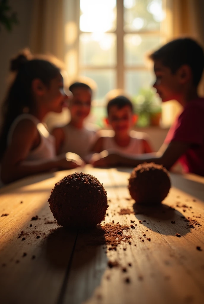 A gourmet and inviting brigadeiro setting with a close-up of two chocolate brigadeiros placed on a rustic wooden table. No fundo, softly focused silhouettes of children looking at the warm brigadeiros, creating a sense of connection and community. Soft sunlight coming through a window, casting a warm glow, symbolizing the warmth of open and honest communication." This image conveys a sense of camaraderie and the importance of meaningful dialogue., perfect for a video about divine communication skills. INFO