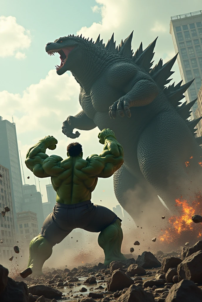 Hulk punches Godzilla, and Godzilla starts to fly through the air."