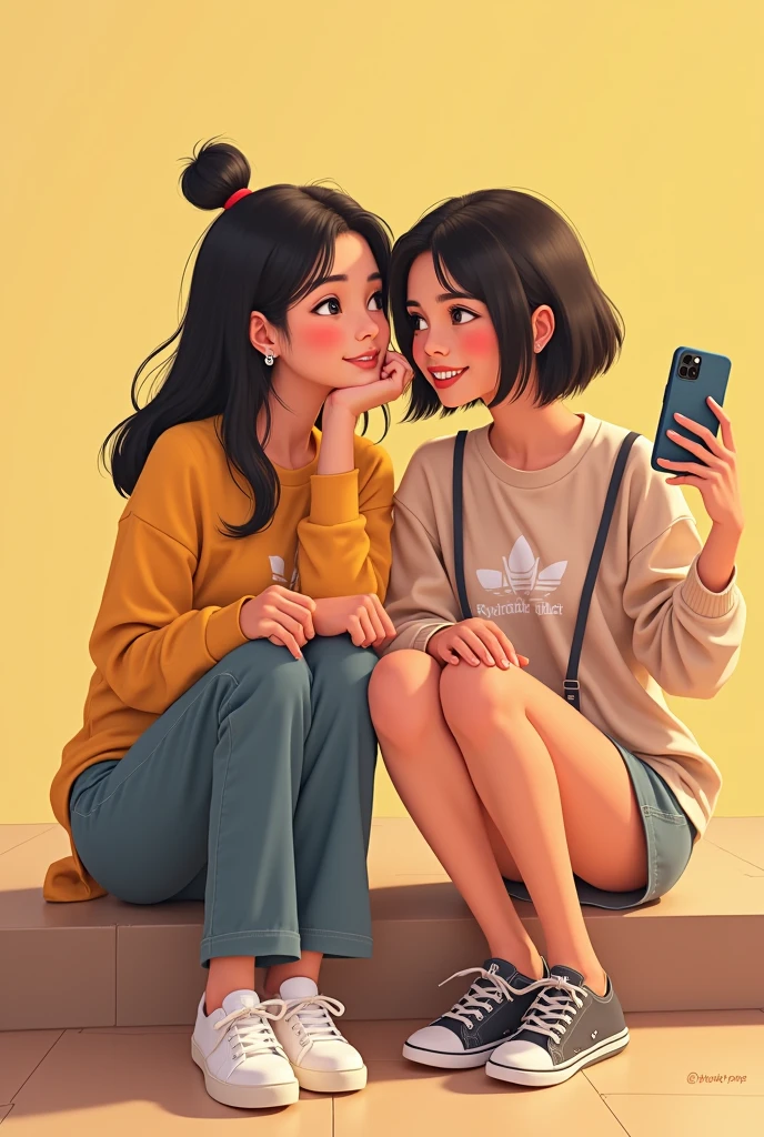 Two Vietnamese girls are sitting and talking to each other., 1 leg up chin resting on leg, 1 girl holding phone taking selfie. 2 girls quickly looked at each other with mischievous smiles