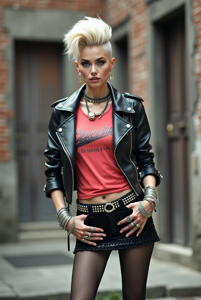 old russian milf, platinum blonde hair, long, in pompadour style with shaved sides, with very light blue eyes, pale. Wearing black moto jacket with lots of zippers and pins, cropped guns and roses t-shirt, black sequins miniskirt, black silk stockings and white tennis sneakers. Bullet belt, lots of rings and studded bracelets , Full body