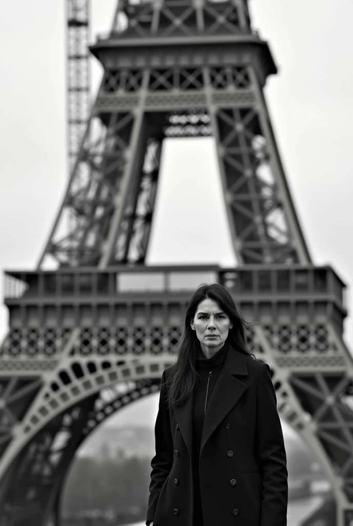 woman, European, black hair, long to the shoulder, 55 years old, black and white photo, in front of the construction of the Eiffel Tower