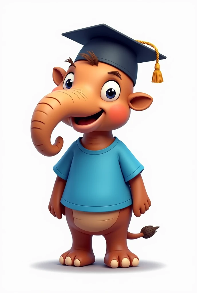 Hairless brown mammoth in cartoon form, cartoon character, with blue t-shirt and graduation cap. imagem sem fundo


