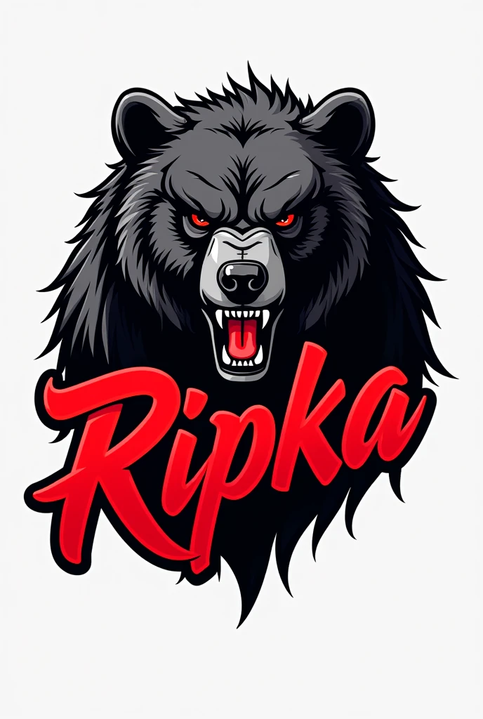 create a modern and detailed logo with black and red letters and an angry bear symbol for clothing prints with the name ripka