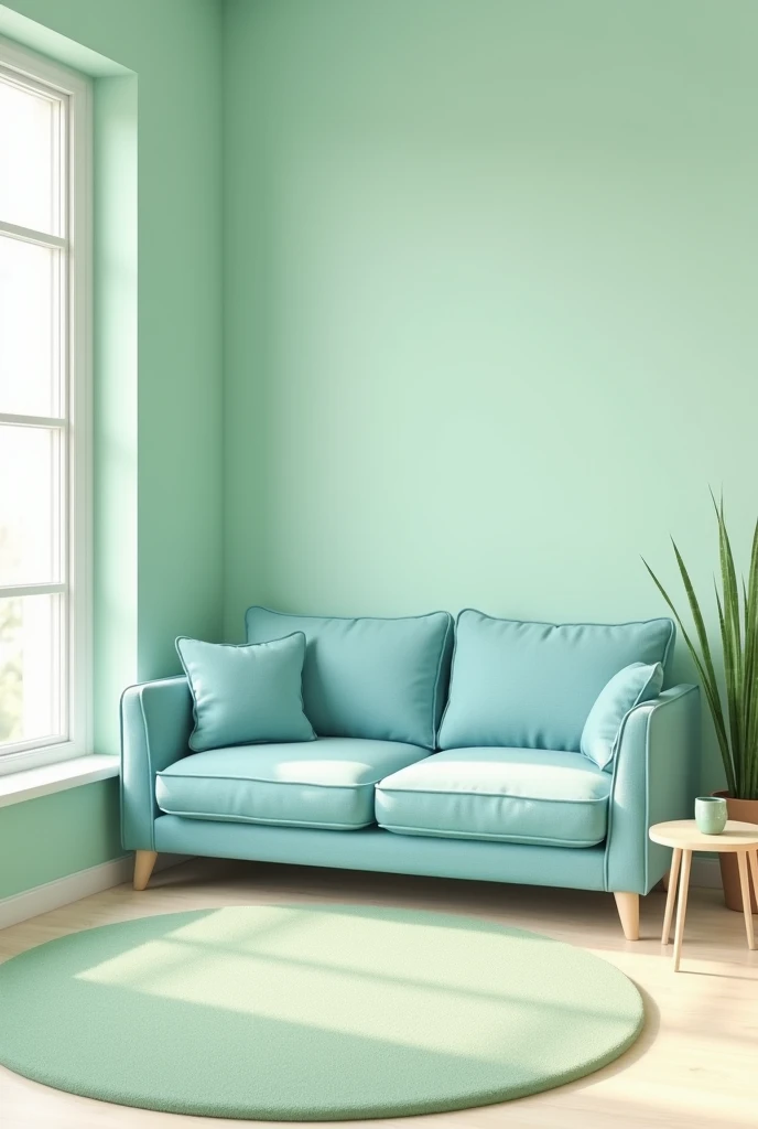 Create image of drawing room of green colour plain wall. Room has sky blue colour corner sofa. Light green colour rug is on the floor.