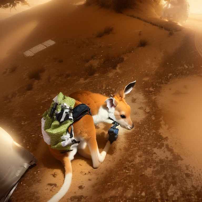 there is a small kangaroo with a diaper on its back, covered in bandages, fully covered, very silly looking, trying to ride it, wrapped, lit from behind, with a backpack, middle shot, very detailed!, back facing, with his back turned, highly fashionable, fully dressed, wearing pajamas, looking away from the camera, also very detailed