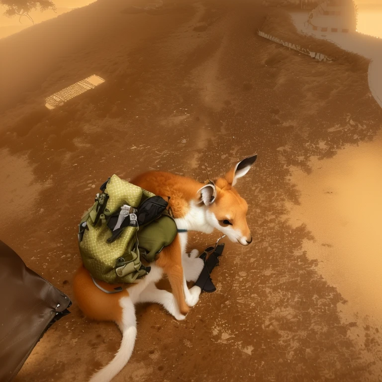 there is a small kangaroo with a diaper on its back, covered in bandages, fully covered, very silly looking, trying to ride it, wrapped, lit from behind, with a backpack, middle shot, very detailed!, back facing, with his back turned, highly fashionable, fully dressed, wearing pajamas, looking away from the camera, also very detailed