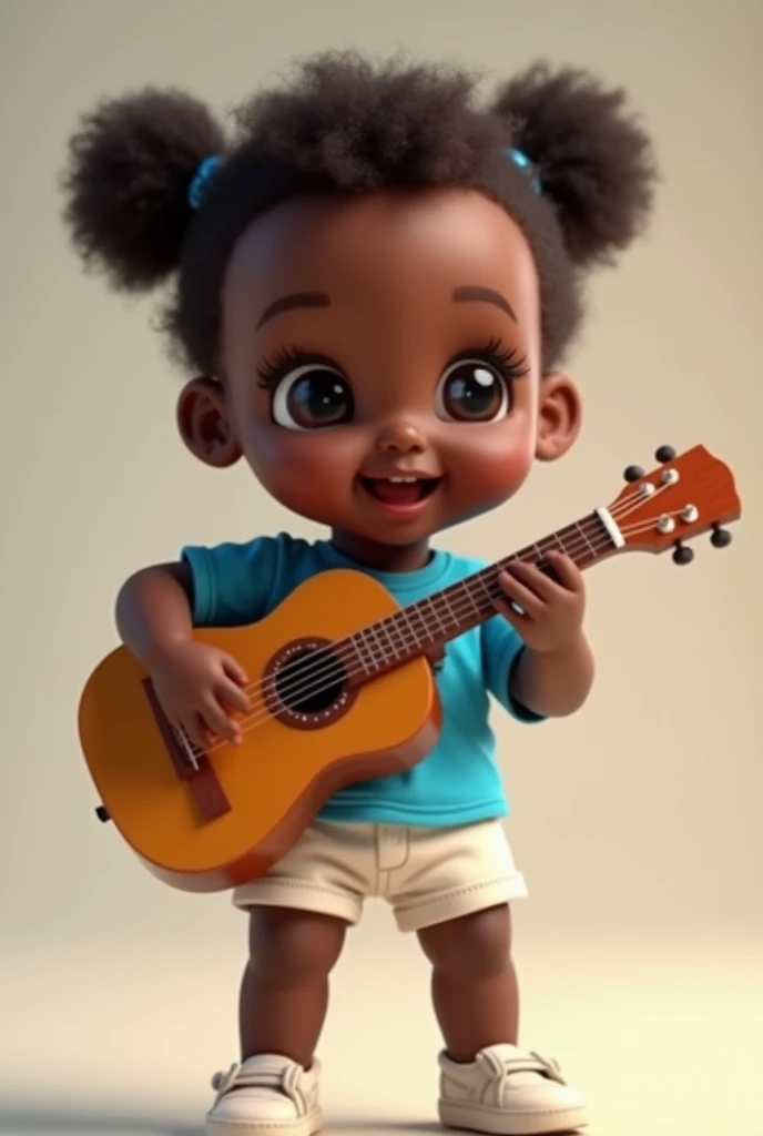 Black baby doll with blue shirt and white shorts standing with guitar in hand