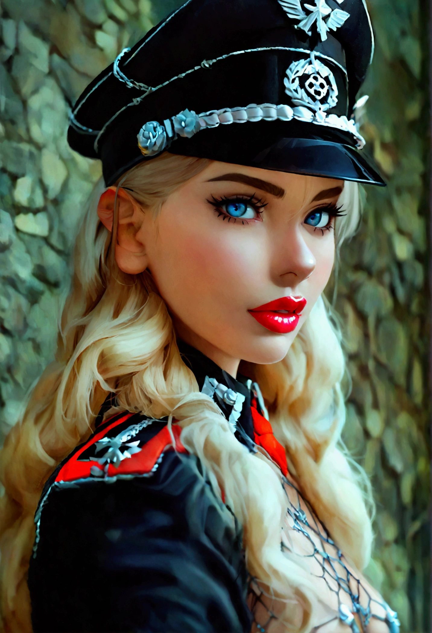 Create an image of the most stunningly beautifully WWII German SS elite women, Stunningly gorgeous beautiful perfect face, long luscious eyelashes,  black eyeliner, perfect makeup, lipstick, vibrant sapphire eyes, perfect smooth skin, long platinum blonde hair,  flat breast, perfect slim body figure, bdsm lingerie, seductive pose, WWII German SS Elite Officer HAT Officer Army leather Visor Crusher Cap Black,