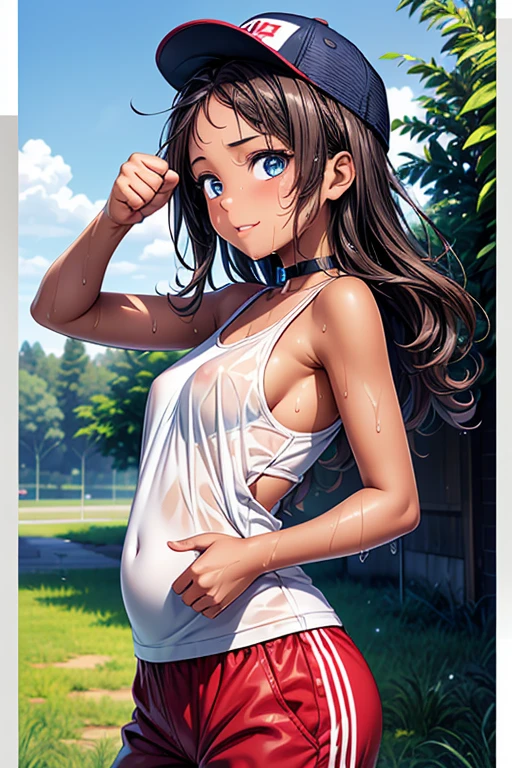 #Basic
A girl posing for a photo, (((One Girl))), (((Baby Face:1.4)) + ((cute:1.4)) + (())),
break
#Clothing Accessories
((White tank top shirt)) + ((Blue jogger pants)) + ((Blue trucker hat)) + ((Red sneakers)),
((Black choker)),
break
#Features
((Black Hair:1.2)) + ((Center-parted bangs + Bangs that expose the forehead)) + ((very long transverse hair)) + ((short hair : Long Hair + Curly hair + Wild Hair + Voluminous Hair)),
((Droopy eyes:1.4, Big eyes:1.2), blue eyes), (Small breasts:1.2), (中立的な顔のFeatures), (Tanned dark skin:1.4),
break
#background environment
((noon, Riverside surrounded by nature, blue sky, camp)),
#Facial Expression Pose
((Wicked Smile)), ((Extending left hand towards camera and giving thumbs up、Place your right hand on your hat、Standing strong and proud, Wet with sweat)),
#composition
((Angle from the front:1.2, Cowboy Shot)),
break
#Body parts elements
(Slim figure),
(Symmetrical facial features),
(Detailed Hair, Beautiful Hair, Shiny Hair),
(double eyelid, Long eyelashes, Thin eyebrows:0.5, Thin eyebrows:0.5),
(Expression of fine eyes, Beautiful and delicate eyes, Sparkling eyes, Eye Reflexes, Glitter Eyeliner),
(Human Ear),
(Beautiful Nose, Thin Nose),
(Glossy Lips, Beautiful Lips, Thick lips),
(Textured skin, Detailed skin, Textured skin, Beautiful Skin, Oily skin),
break
#quality
(((最高quality)), ((masterpiece:1.3)), ((Very detailed))), ((Ultra-high resolution)), ((16K)), ((1080P)), ((Full HD)),
((Anatomically correct)), ((Realistic)), (3DCG), ((Oil painting)),
((comics, anime)), (CG illustration), (RAW Photos),
