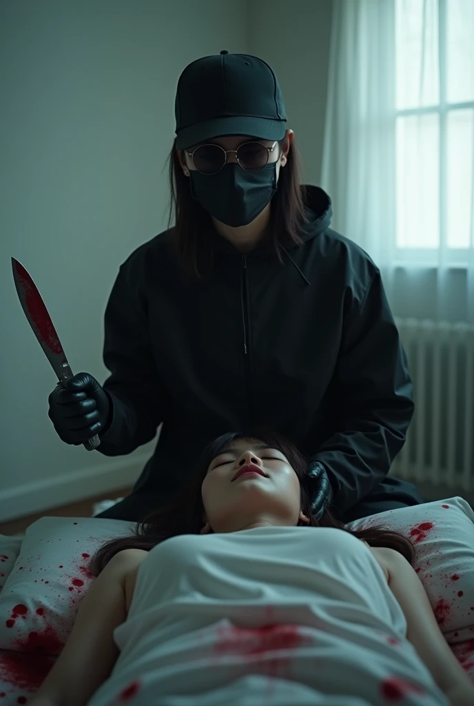 korean girl, (behind stiff, holding knife), stabbing, black surgical mask, black gloves, sunglasses, white room, black raincoat, trucker hat, holding knife, black gloves, 15 years old, woman on top, behind cadaver, blood splatter, on the bed, looking at viewer, mass murderer, killer, blood splatter, dark atmosphere, cinematic lighting, atmospheric realistic, light from the window,
