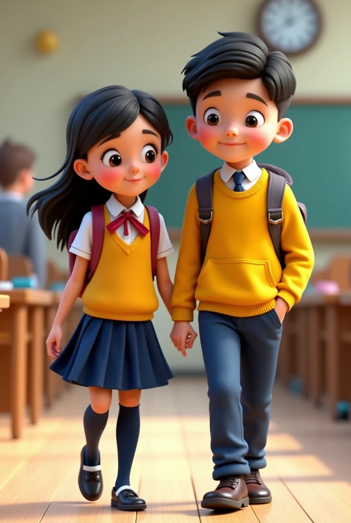 Disney boy and girl in school uniforms with backpacks and may the girl's uniforms be happy ( Yellow wool bust and navy blue pleated skirt , Navy blue tights and black school shoes ) and of the child ( Navy blue cloth pants and yellow sweatshirt ) without a tie the girl