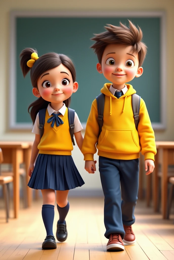 Disney boy and girl in school uniforms with backpacks and may the girl's uniforms be happy ( Yellow wool bust and navy blue pleated skirt , Navy blue tights and black school shoes ) and of the child ( Navy blue cloth pants and yellow sweatshirt ) without a tie the girl