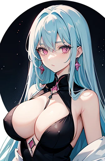 Anime, woman, long hair, pale blue hair, pink eyes, cool, earrings, big boob, wearing a black dress, beautiful, elegant, pure, fantasy,