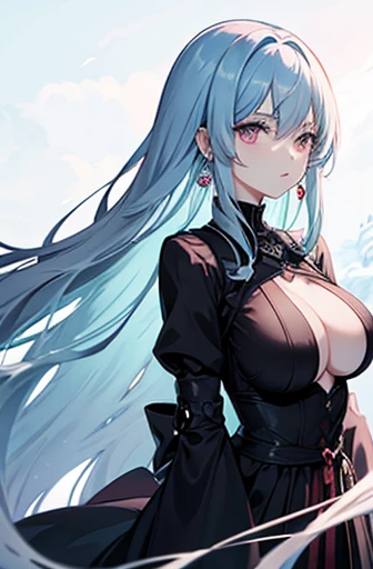 Anime, woman, long hair, pale blue hair, pink eyes, cool, earrings, big boob, wearing a black dress, beautiful, elegant, pure, fantasy,