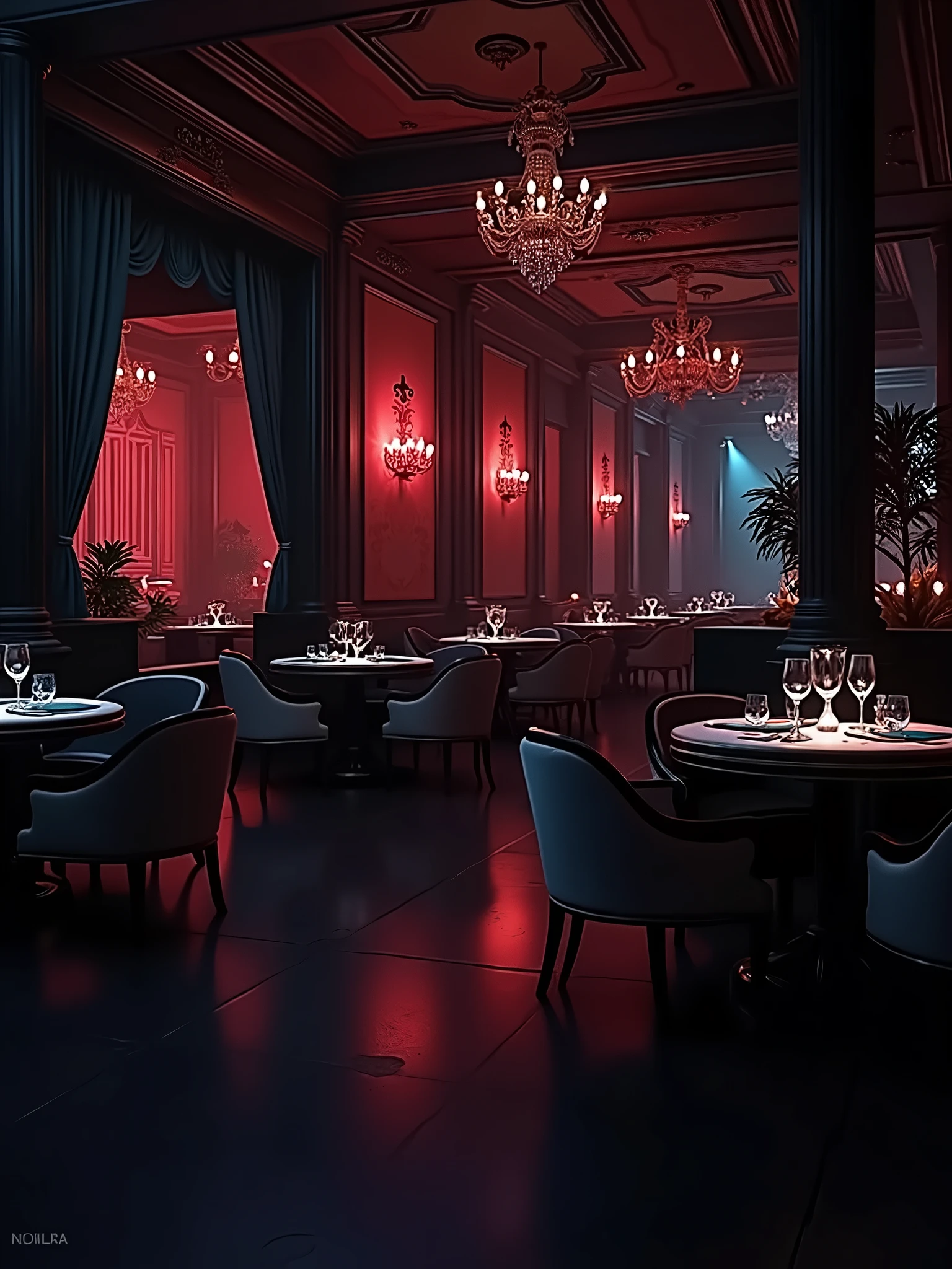 there is a room with tables and chairs, detailed an empty jazz cafe, ballroom background, random background scene, neo - noir setting, red room, nightclub, stage background, vip room, rich atmosphere, theatrical scenery, theater stage, empty stage, palatial scene, fancy restaurant, rich cinematic atmosphere, va-11 hall-a