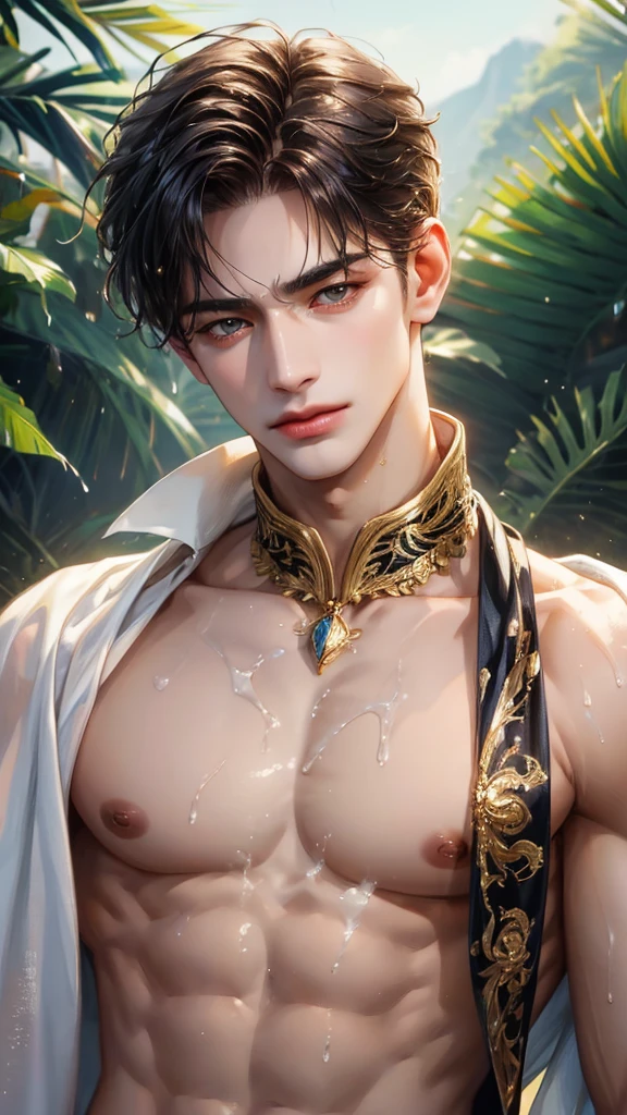 (absurdres, highres, ultra detailed), 1 male, solo, beautiful, handsome, extremely detailed facial features, tall muscular guy, smooth skin, sexy gaze, mature, gorgeous, wet, model pose, colorful, artistic, depth of field, focus on his calm facial features, elegant look, looking at the viewers romantically, shirtless, bare body, heavy milk splashed on his chest, upper body