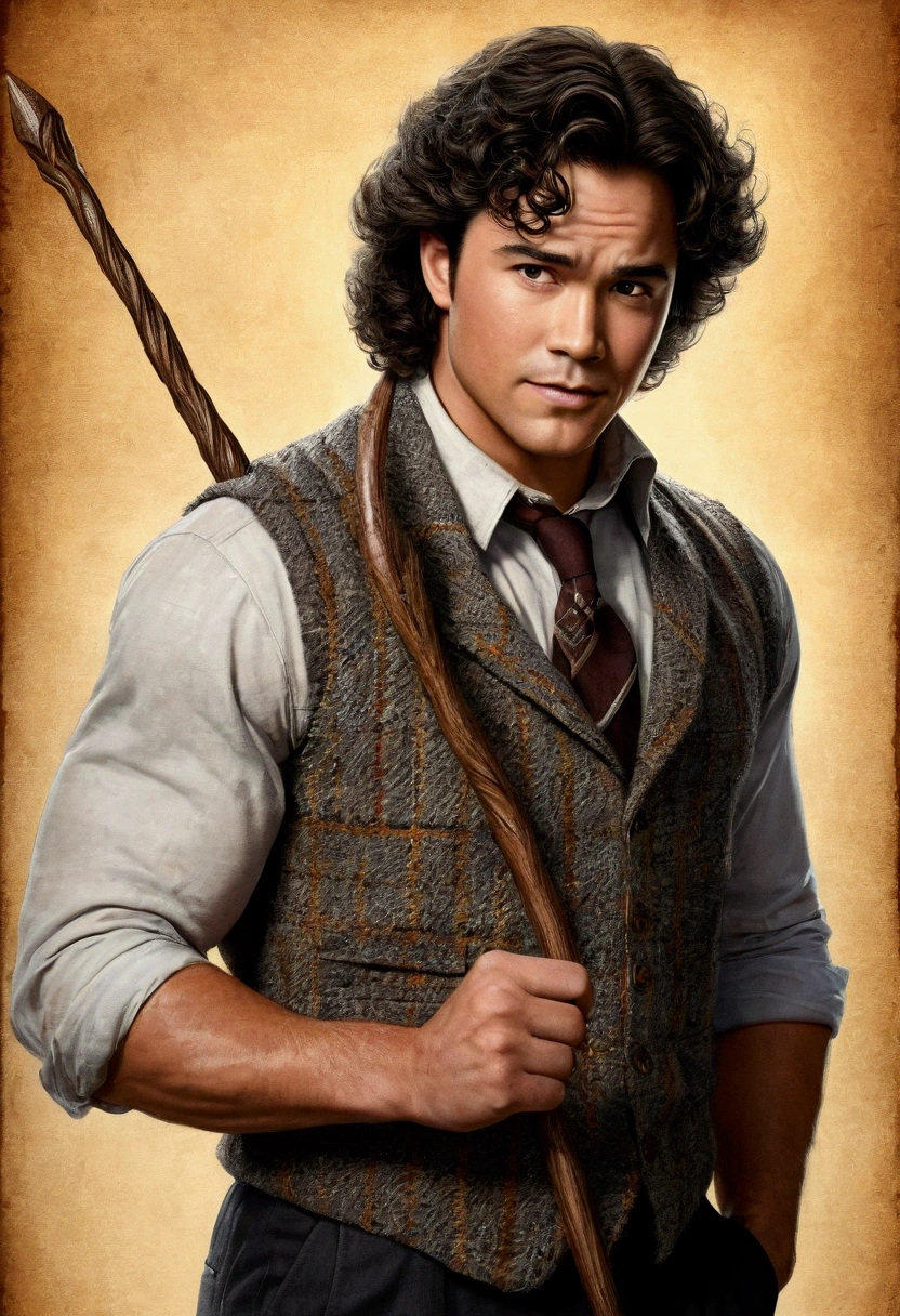An illustrated movie poster, hand-drawn, full color, a Hogwarts Professor, 21 years old, male, brown eyes, brown-black hair, voluminous curly mane, suntan complexion, medium height, broad shoulders, stocky frame, muscular, rugged scruffy appearance, lots of body hair, resembles Dean Cain, wearing a tweed vest and slacks, gripping a magic wand, hard shadows, graphite shading, stencil marks, airbrushed acrylic paint, masterpiece, in the style of the Deathly Hallows