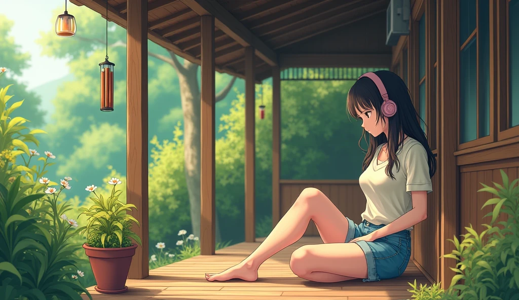 Perfect image, 8k, noon、A high school girl listening to music on a cozy veranda,holiday、 Using headphones, 2D-style animation, Lo-Fi, hard disk, Big Breasts、one&#39;s home、wind chimes、summer、Retro、Japanese style、Wooden house、Single-story house