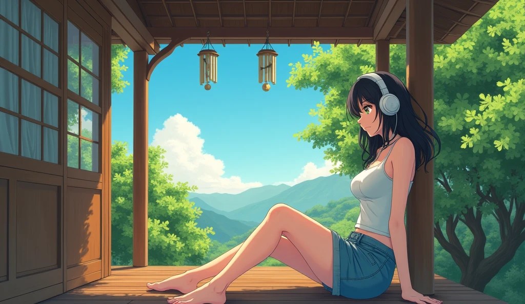 Perfect image, 8k, noon、A high school girl listening to music on a cozy veranda,holiday、 Using headphones, 2D-style animation, Lo-Fi, hard disk, Big Breasts、one&#39;s home、wind chimes、summer、Retro、Japanese style、Wooden house、Single-story house