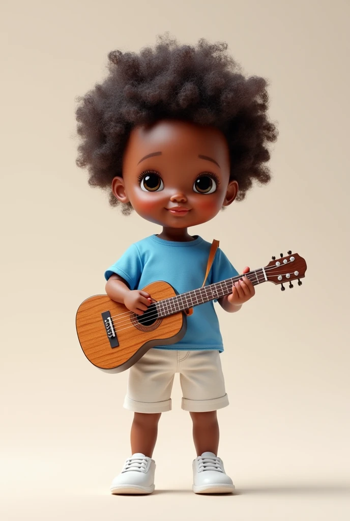 Black baby doll with blue shirt, white shorts and white shoes standing with guitar in hand 