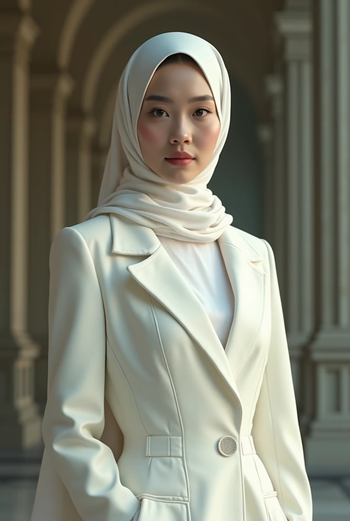 30 year old, ayu tingting, ( Dead Rank 1.3), wearing white suit, wearing hijab scarf, polite girl, cinematic scene, masterpiece, 4k HD, 8k hd