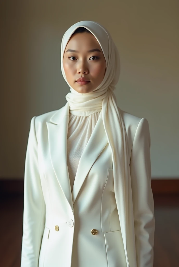 30 year old, ayu tingting, ( Dead Rank 1.3), wearing white suit, wearing hijab scarf, polite girl, cinematic scene, masterpiece, 4k HD, 8k hd