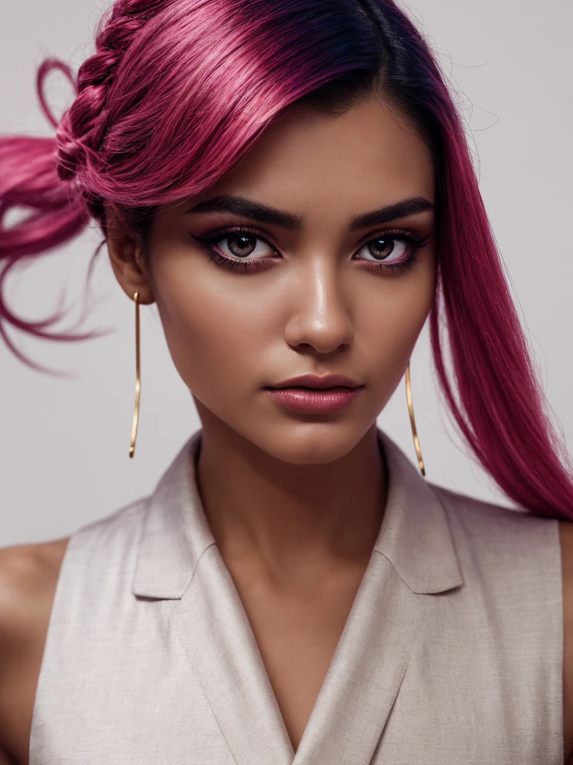A mesmerizing portrait of an androgynous, enigmatic figure with striking makeup and flamboyant attire, shot with a digital camera and featuring bold, saturated colors against a minimalist white background. The subject exudes confidence and edge, with a look that blurs the boundaries between beauty and rebellion. The aesthetic is inspired by the works of fashion photographers such as Tim Walker and Guzman. Hyper-realism, highly detailed, and high-resolution 16k