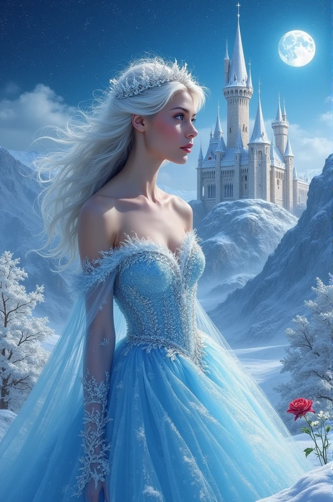 Ice Elf (cute woman, blue skin, deep blue eyes, pointy ears, waist length pale hair, sapphire sequin sparkling evening gown0 inspecting her ice sculpture flower garden in a snow landscape, twilight