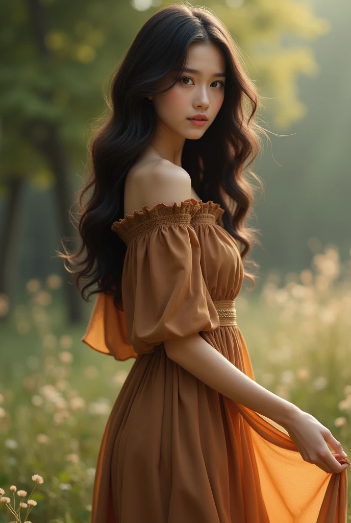 beautiful girl model in a brown dress realistic