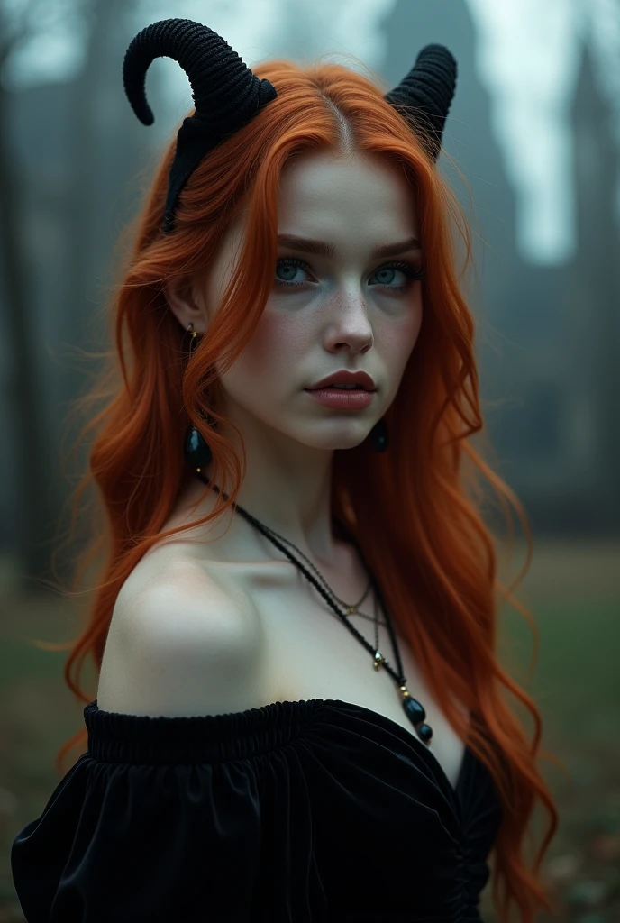 masterpiece, best quality, ultra-detailed, high resolution, extremely detailed, (Full Body Shot:1.3), (sharp focus:1.2), photo, attractive young female model, beautiful, 22 years old, (blue eyes:1.4), red hair, caucassian, long hair, (beautiful face:1.1), detailed eyes, luscious lips, (spooky:1.2) (smokey eye makeup:1.4), (smile:1.2), wearing (necklace:1.2),(black velvet off the shoulder, sleeveless dress:1.2), ( black deamond horns:1.2) on a (deep dark night:1.8), (gothic cathedral:1.4), depth of field, bokeh, 4K, HDR. by (James C. Christensen:1.2|Jeremy Lipking:1.1), (soft light:1.9), (natural light:1.5)
