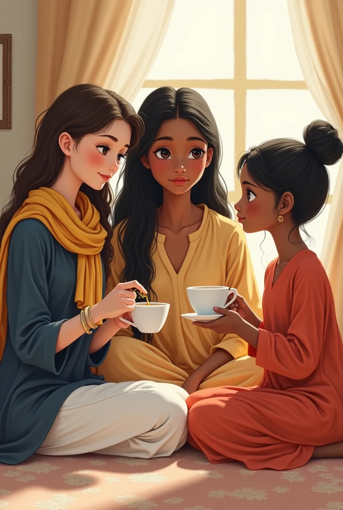 3 sisters are sitting on the floor, drinking tea, older one is 22 years old, young lady, white skin, tallest, white skin, slightly curly hair, long hair,wearing dark blue tunic and white loose trouser,a scarf, middle one 20 years old, tanned skin, Indian skin tone, straight hair, long hair,wearing light orange colour shalwar kameej , little one 11 year old , girl, black hair,small hair, boy cut hair,white skin,wearing red colour half pant and red colour top