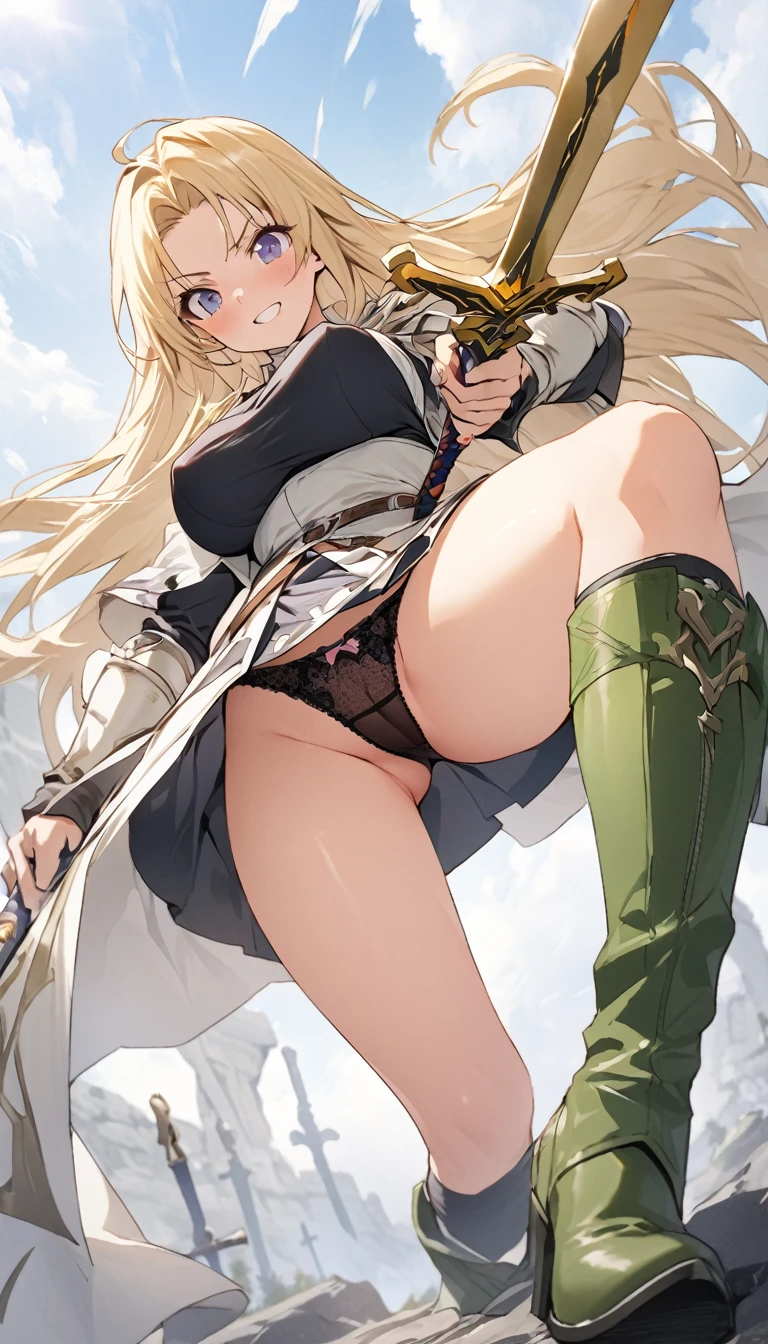 Ultra-high definition image quality、beautiful girl、Female Swordsman、Light Armor、Green Boots、Long Hair、blonde、20-year-old、have confidence々face、Very short tight skirt、Sexy stance、Cowgirl、wilderness、Highest quality,Big Ass、Big Breasts、Thighs、Grasping the hilt of the holy sword Excalibur、Black panties、Kick off with your feet and jump、Joan of Arc style clothing、Wind King Barrier、Her hair is fluttering in the wind、The Sword of Promised Victory、god々Wearing a bright aura、Big Ass、Valkyrie the War Maiden、Ass Super Close-up、Angle from directly below