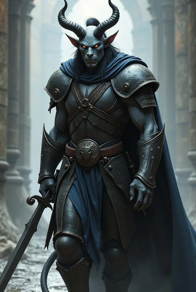 Imagine an adult tiefling warrior with an imposing presence. His fur, instead of being red like that of many of its race, has a deep, matte gray tone, resembling polished stone in the moonlight. His eyes are an intense yellow, glowing like embers beneath the shadow of the dark metal helmet he wears with pride. Two long, smooth horns project backwards, curving slightly at the end, with an almost metallic finish.

your hair is black, smooth and tied in a ponytail, that goes down to the middle of your back, accentuating your upright and disciplined posture. Battle scars crisscross his face and muscular arms, witnesses of countless battles. The pointed ears are adorned with small metal rings, relics of the wars he fought.

He wears plate armor with runic carvings and black leather accents., that protect their robust body and highlight their physical strength. in back, he carries a broad, ancient sword, with a blade as black as night, which they say is cursed, but powerful in the right hands. A dark and heavy cloak, worn at the edges, complete your figure, flowing in the wind as he marches without hesitation.

Your tail, long and agile, se move com ele, a perfect balance between grace and power, ready to strike a blow or maintain balance in combat. He exudes an aura of determination and an unsettling serenity., a mix of calculated control and ferocity ready to be unleashed in battle. This tiefling is not just a warrior; is a force that walks between light and darkness, with a past full of conflicts and a future shrouded in mystery.