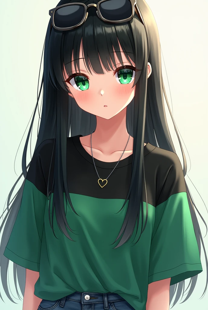 Anime girl, Black straight over shoulder hair length, Emerald green eyes, sunglasses on her hair, and a heart necklace, wearing a oversized black/green shirt, short jeans.