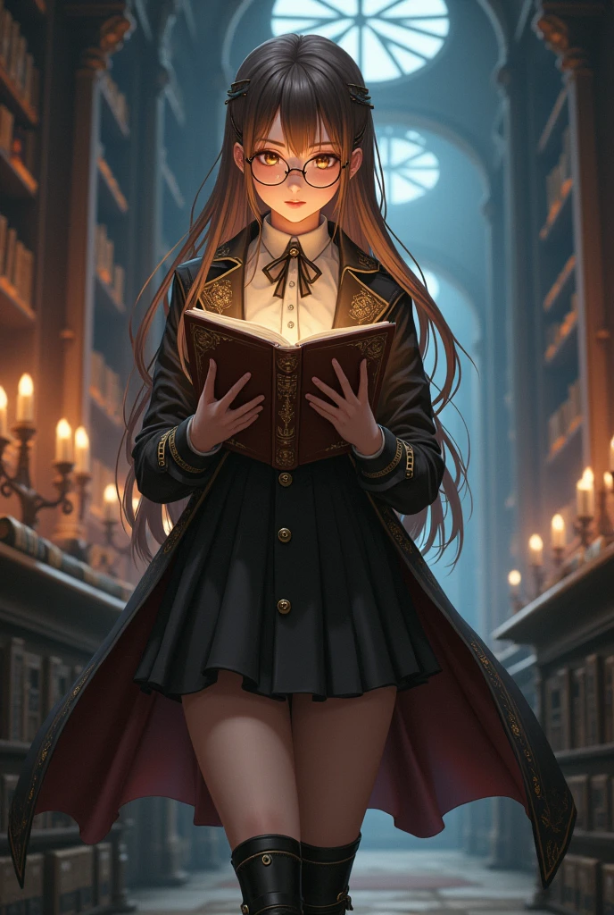 A white anime woman with long straight brown hair with bangs, prescription glasses and top, overskirt, black boots and overcoat holding a magic book