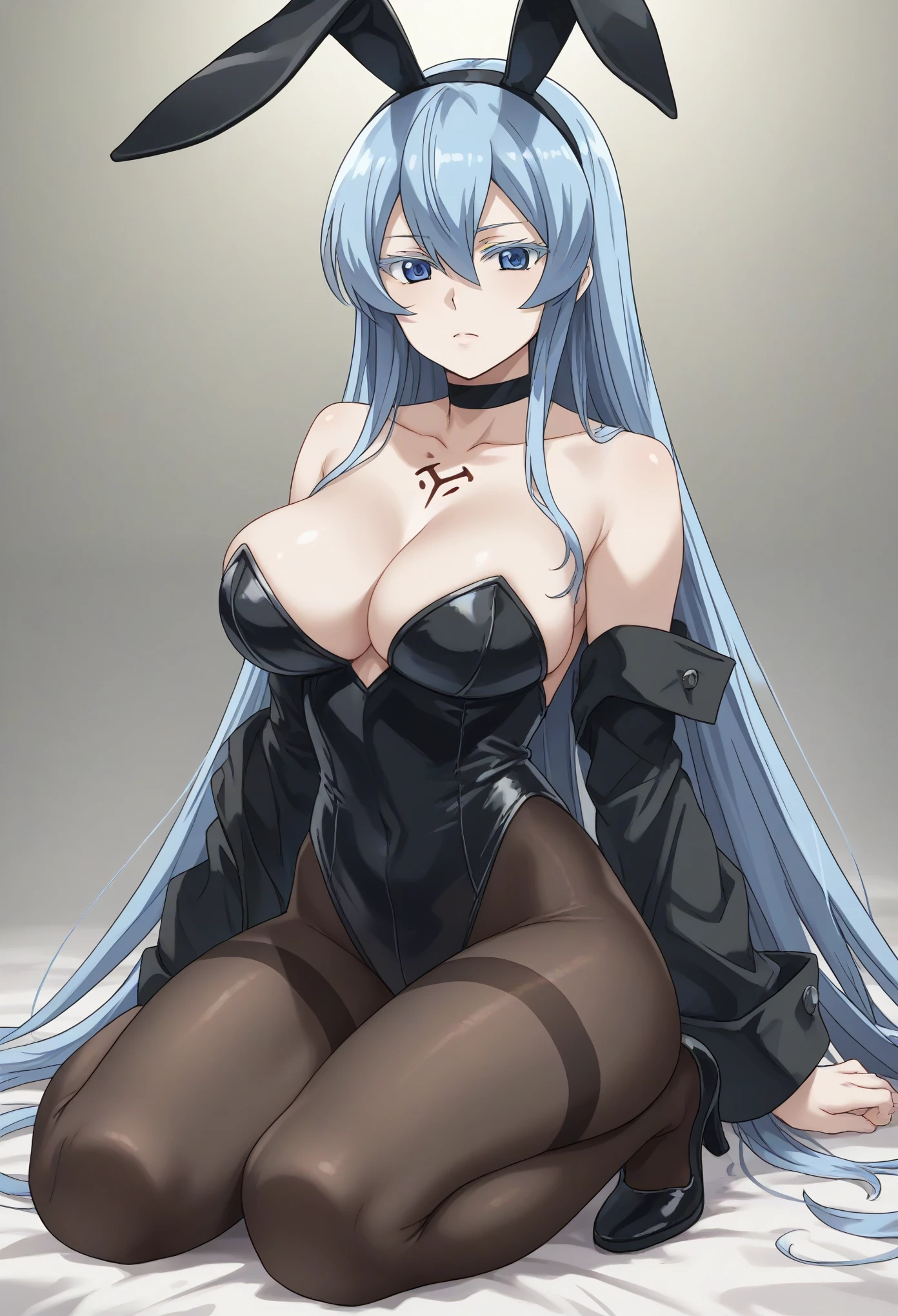 esdeath, blue eyes, blue hair, long hair,large breast, eyelashes,black bunny suit,black bunny ears,clavage,chocker,tatto,from bellov,full body,head straight,eyes down,looking down on viewer,looking at viewer from bellow