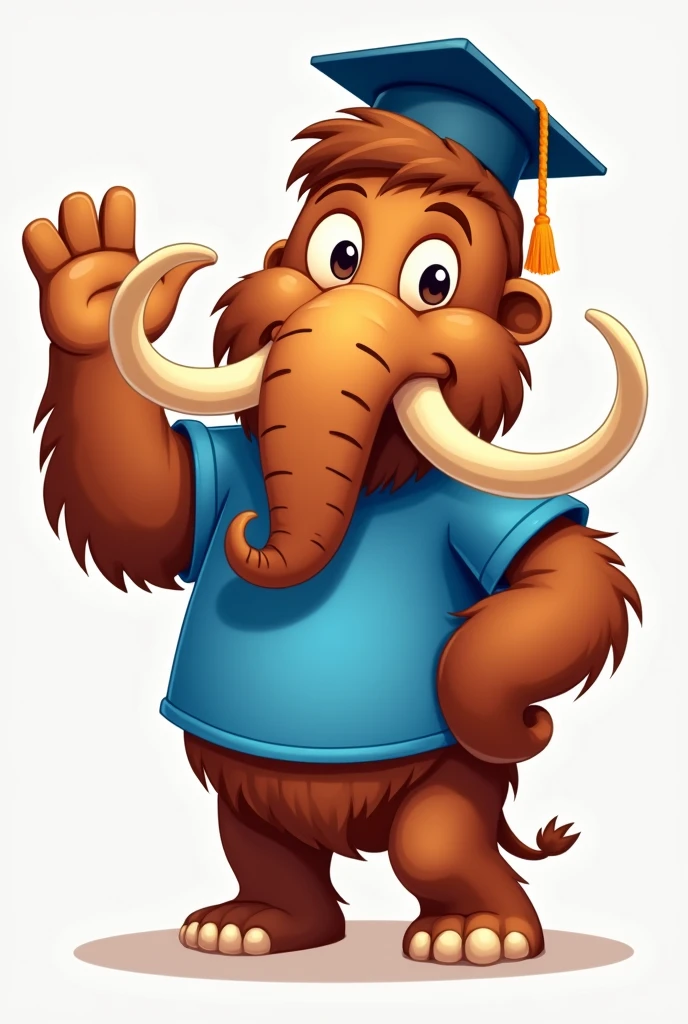 Brown mammoth in cartoon format, cartoon character, with blue t-shirt and graduation cap, waving. imagem sem fundo


