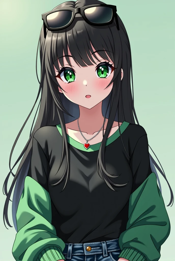 Anime girl, Black straight over shoulder hair length, Emerald green eyes, sunglasses on her hair, and a heart necklace, wearing a oversized black/green shirt, short jeans.