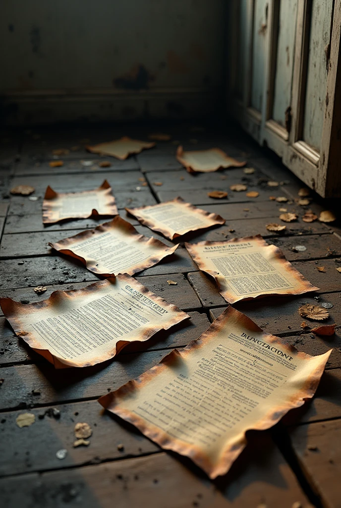 ripped and burtn papers scattered on the wooden floor of a house