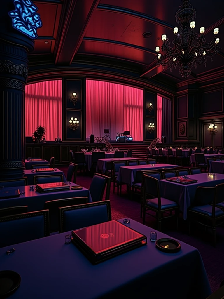 there is a room with tables and chairs, detailed an empty jazz cafe, ballroom background, random background scene, neo - noir setting, red room, nightclub, stage background, vip room, rich atmosphere, theatrical scenery, theater stage, empty stage, palatial scene, fancy restaurant, rich cinematic atmosphere, va-11 hall-a