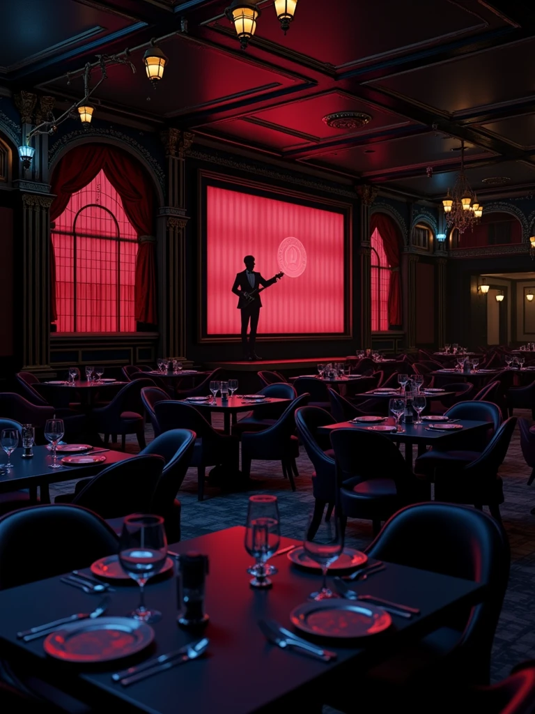 there is a room with tables and chairs, detailed an empty jazz cafe, ballroom background, random background scene, neo - noir setting, red room, nightclub, stage background, vip room, rich atmosphere, theatrical scenery, theater stage, empty stage, palatial scene, fancy restaurant, rich cinematic atmosphere, va-11 hall-a