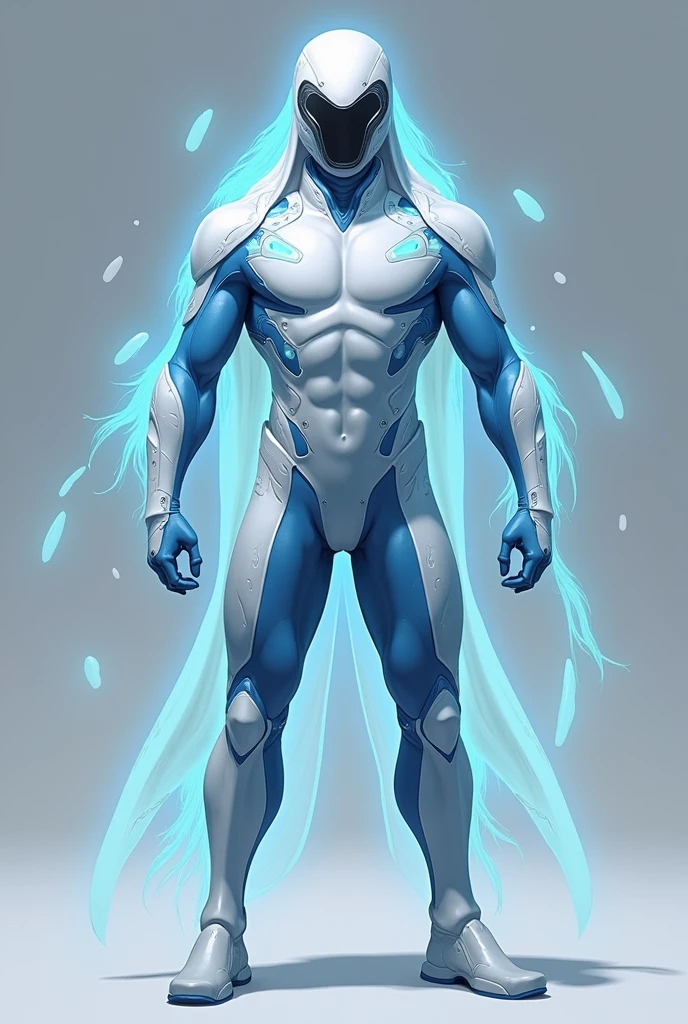 Create a male hero uniform in the style of Miraculous: Tales of Ladybug and inspired by a beluga with white and blue colors