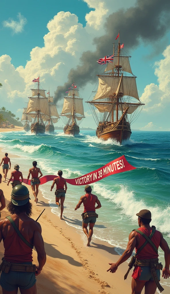 A humorous "race" scene with the British fleet racing towards the Zanzibari shore like sprinters, with a finish line banner saying "Victory in 38 minutes!" The Zanzibari forces are still getting ready, looking shocked as the British cross the finish line.