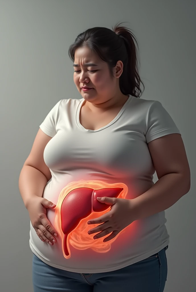I want an image of an overweight woman with pain on the right side of her abdomen, In this image the liver appears with fat, this person has to be holding the place that is hurting