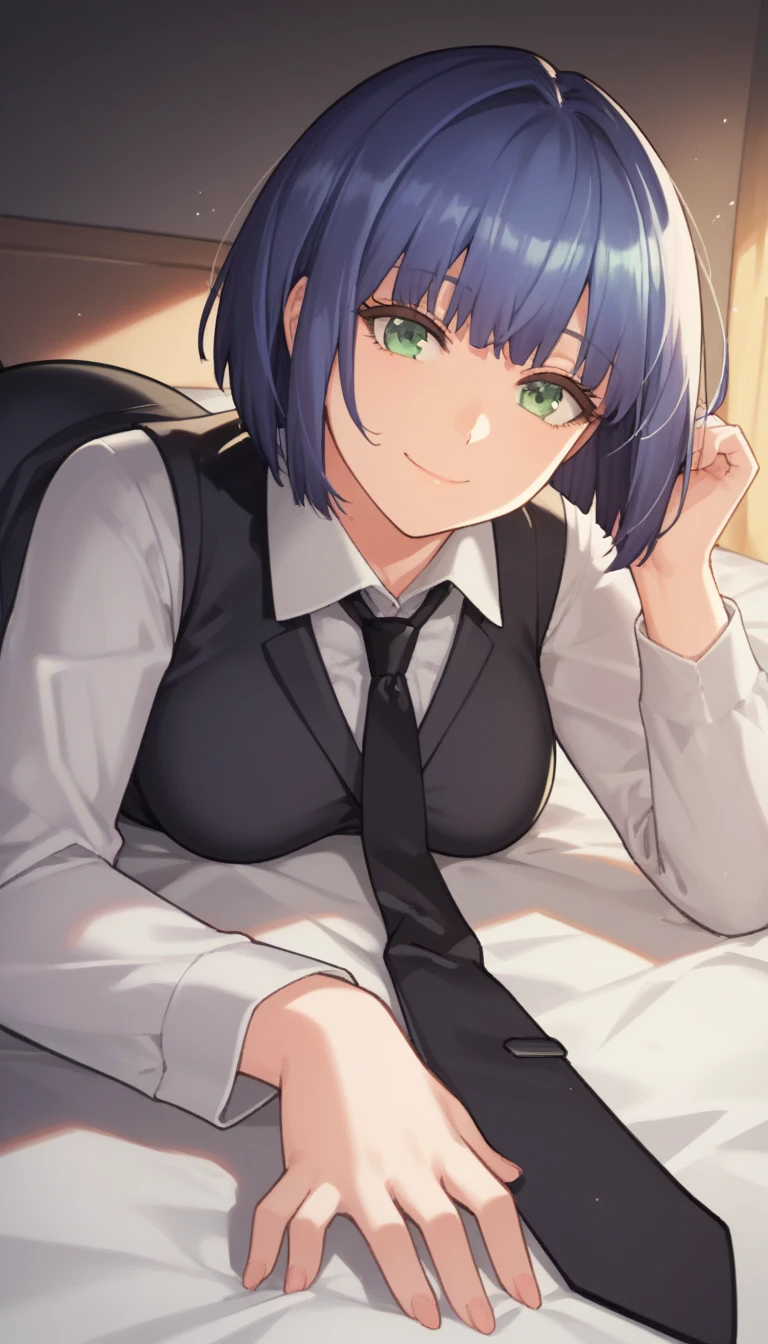 score_9, score_8_up, score_7_up, source_anime, best quality, amazing quality, very aesthetic, 1girl, green eyes, room, wariza, short dark blue hair, Tousled Bob cut, portrait, blazer, starshadowmagician, solo, Adult woman, best perfect anatomy, thin, curvy body, medium breasts, curvy body, close up shot on person, a woman showing happy, light smile, closed mouth, from below, looking at viewer, (lying down, hand between her legs), mature woman laying prone on bed, white shirt, black tie, format black vest, Long-sleeved shirt, black trousers, dynamic angle. night days, volumetric lighting, dark hotel bedroom background, 