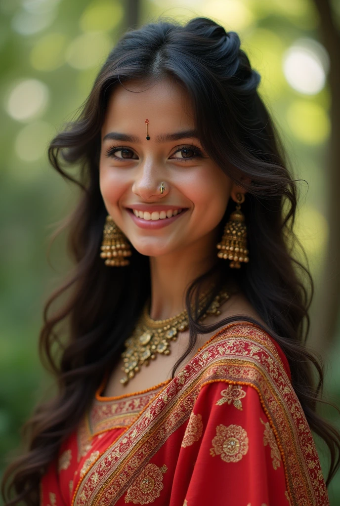 a beautiful young indian girl, detailed facial features, long flowing hair, warm smile, elegant traditional indian dress, natural lighting, intricate floral decorations, vibrant colors, soft focus, cinematic composition, masterpiece, ultra-detailed, photorealistic